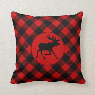 Rustic Lodge Moose and Buffalo Plaid Pattern Cushion