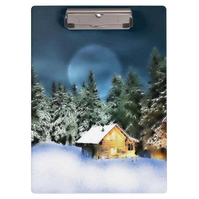 Rustic Log Cabin Full Moon Clipboard (Front)