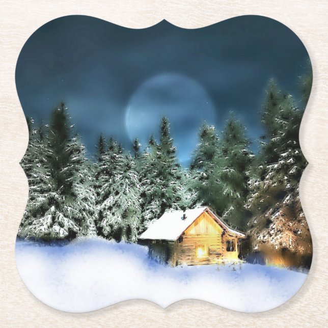 Rustic Log Cabin Full Moon Paper Coaster (Front)