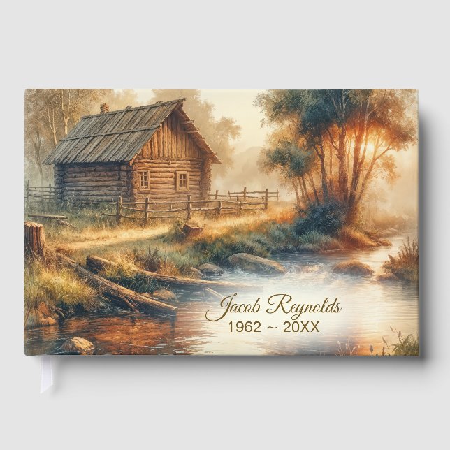 Rustic Log Cabin In Golden Morning Mist Guest Book (Front)