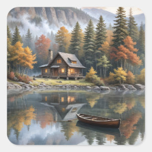 Rustic Log Cabin In the Mountains  Square Sticker