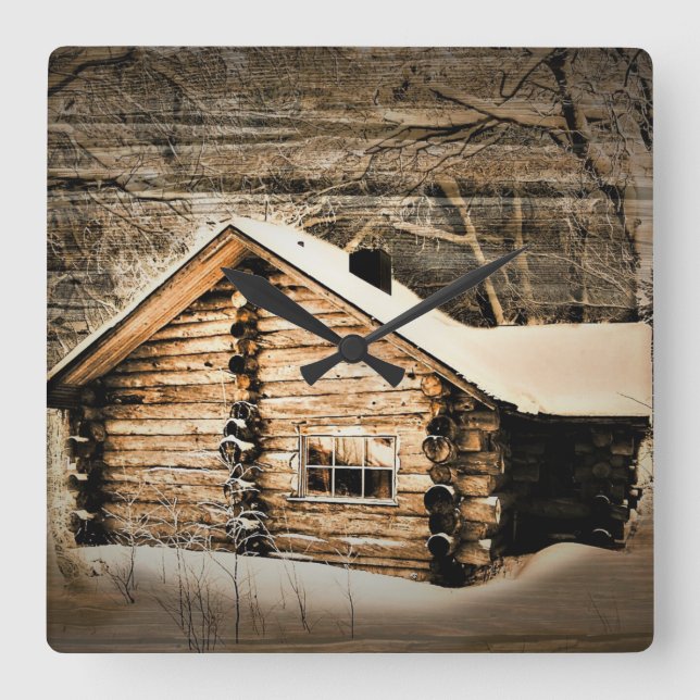 Rustic Log Cabin In The Wilderness Square Wall Clock (Front)
