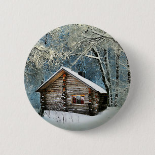 Rustic Log Cabin Winter Magic 6 Cm Round Badge