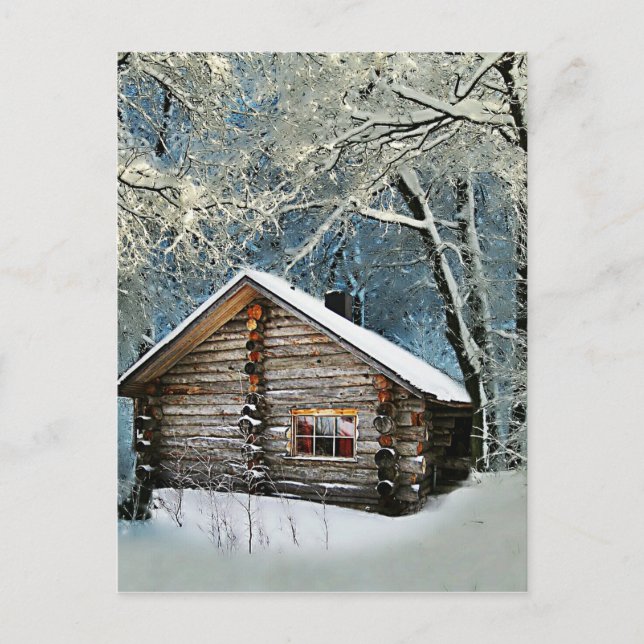 Rustic Log Cabin Winter Magic Announcement Postcard (Front)