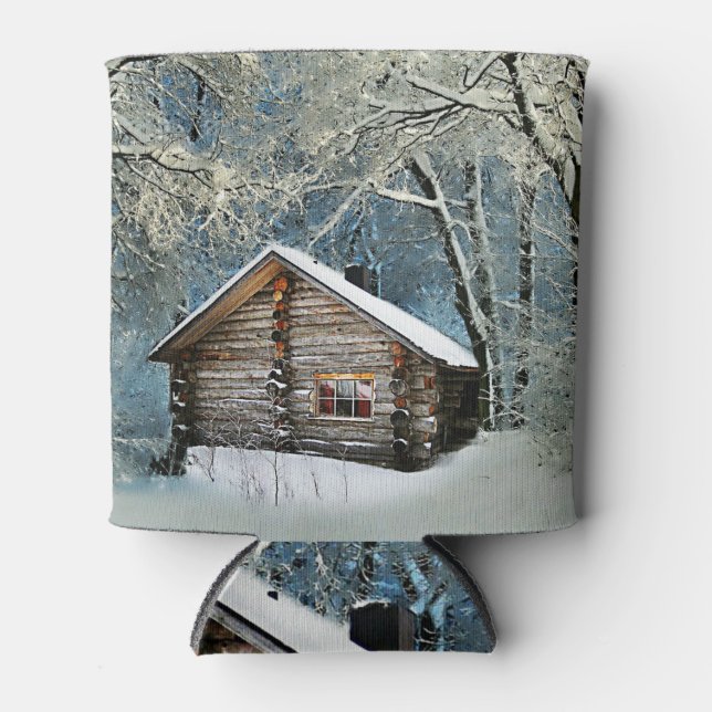 Rustic Log Cabin Winter Magic Can Cooler (Front)