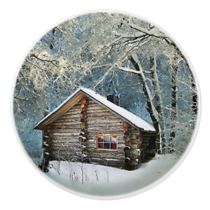 Rustic Log Cabin Winter Magic Ceramic Knob