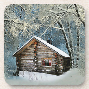 Rustic Log Cabin Winter Magic Coaster