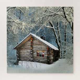 Rustic Log Cabin Winter Magic Jigsaw Puzzle