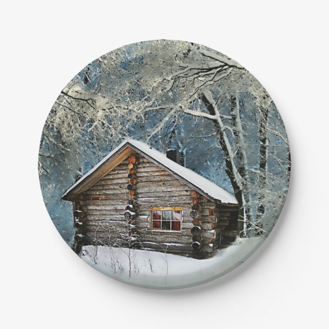 Rustic Log Cabin Winter Magic Paper Plate (Front)