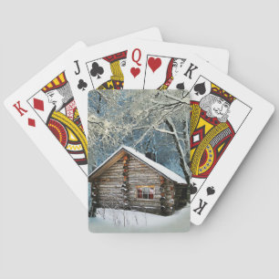 Rustic Log Cabin Winter Magic Playing Cards