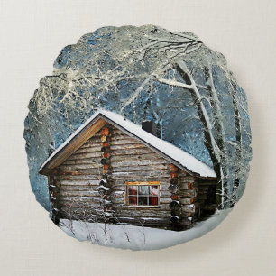 Rustic Log Cabin Winter Magic Round Cushion