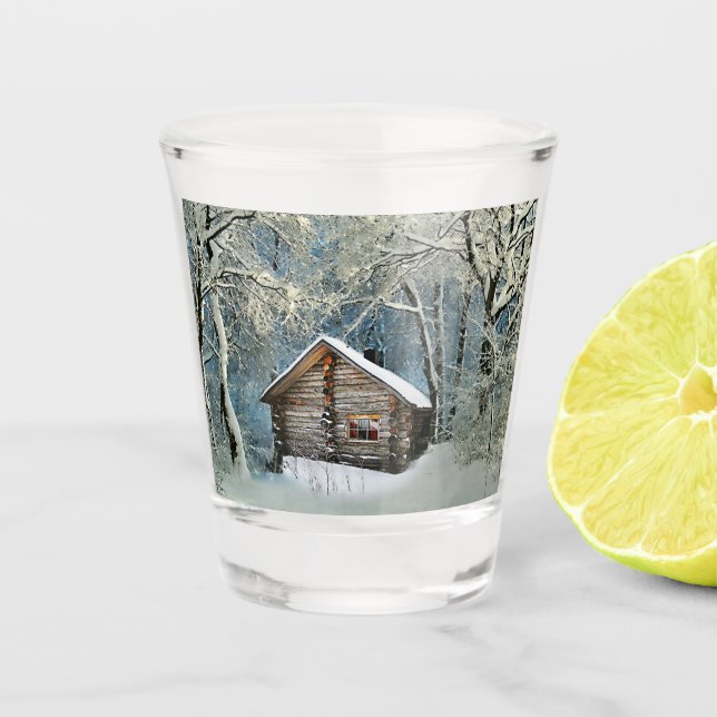 Rustic Log Cabin Winter Magic Shot Glass (Front)