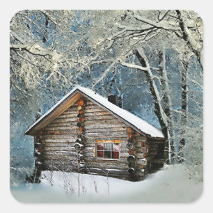 Rustic Log Cabin Winter Magic Square Sticker