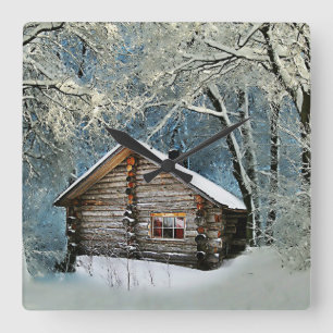 Rustic Log Cabin Winter Magic Square Wall Clock