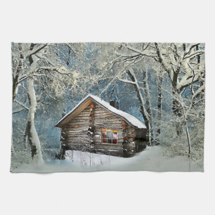 Rustic Log Cabin Winter Magic Tea Towel