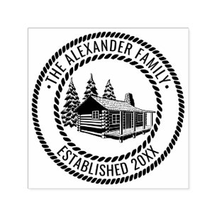 Rustic Log Cabin Winter Snow Family Name Date Estd Self-inking Stamp
