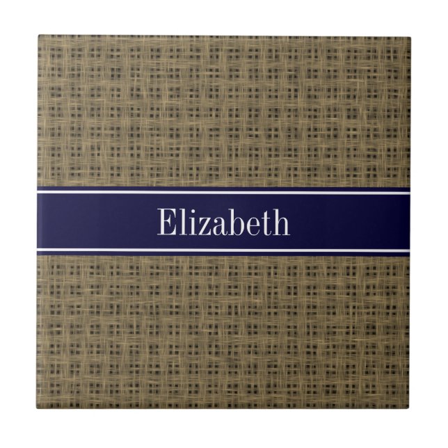 Rustic Look Burlap #2 Navy Blue Name Monogram Ceramic Tile (Front)