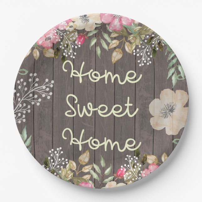 Rustic Look Home Sweet Home Floral Wood Paper Plate (Front)