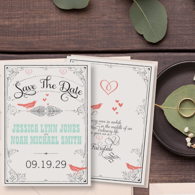 Rustic Love Bird Hearts Mint Coral Save the Date (Creator Uploaded)