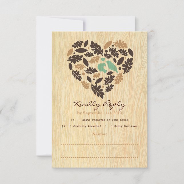Rustic Love Bird Leaf and Heart RSVP Card (Front)