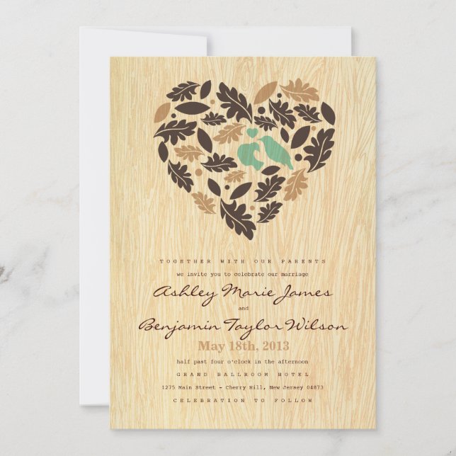 Rustic Love Bird Leaf and Heart Wedding Invitation (Front)
