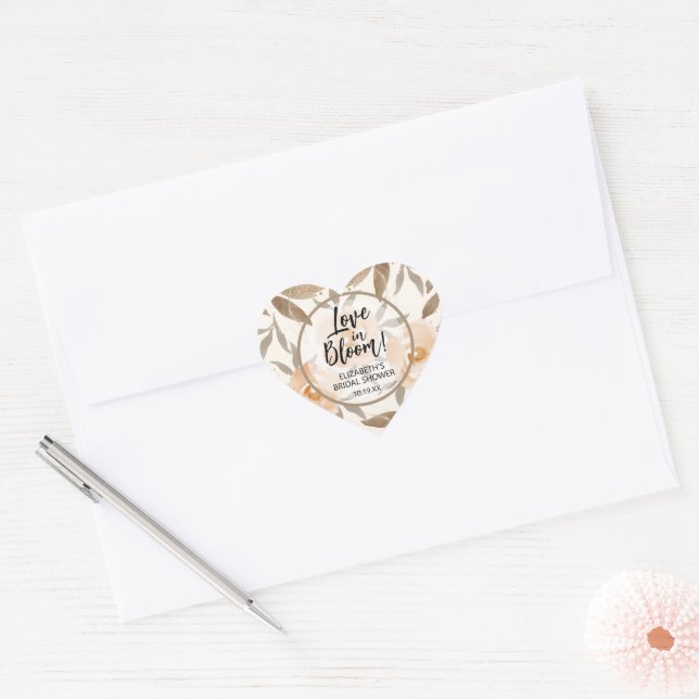 Rustic Love In Bloom Peach Floral Bridal Shower Heart Sticker (Envelope)
