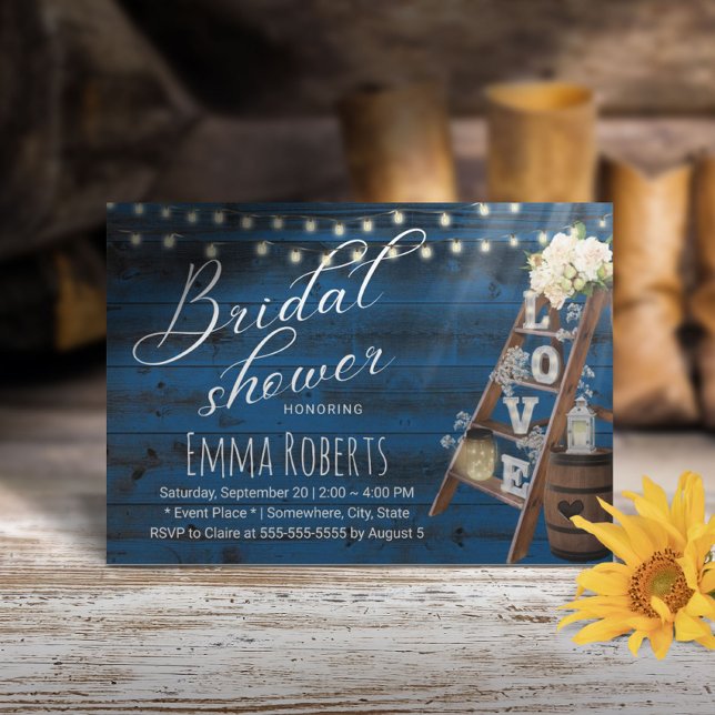 Rustic Love Ladder Wine Barrel Navy Bridal Shower Invitation (Creator Uploaded)