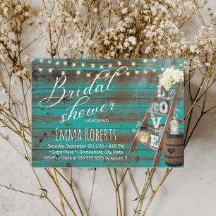 Rustic Love Ladder Wine Barrel Teal Bridal Shower Invitation