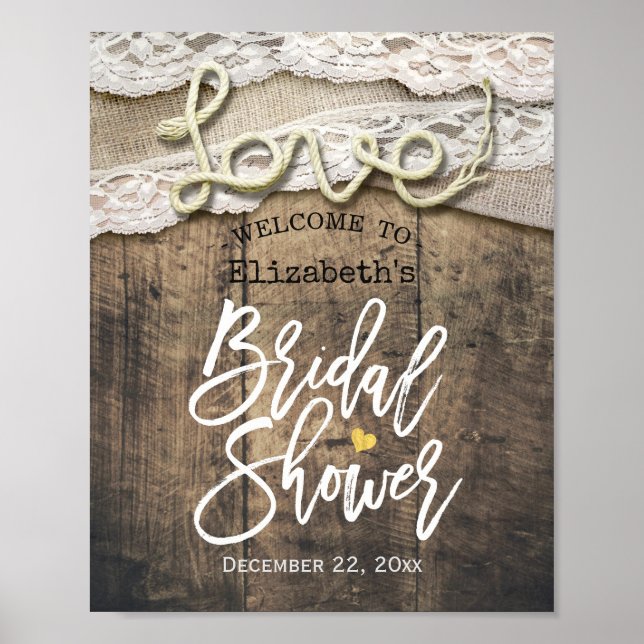 Rustic Love Rope Burlap Lace Bridal Shower Welcome Poster (Front)