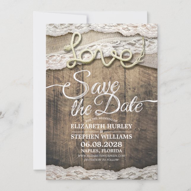 Rustic Love Rope Burlap Lace Wedding Save The Date (Front)