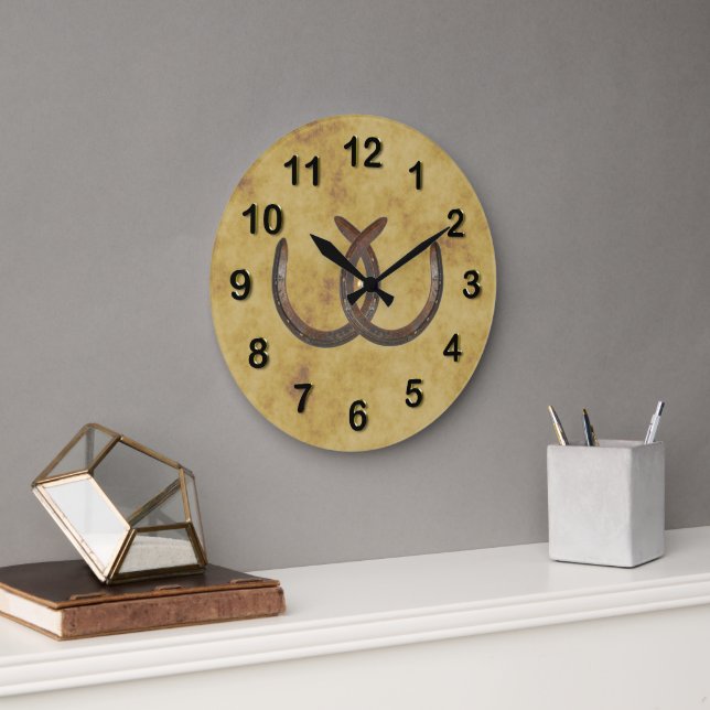 Rustic Lucky Horseshoes Distressed Background Large Clock (Office)
