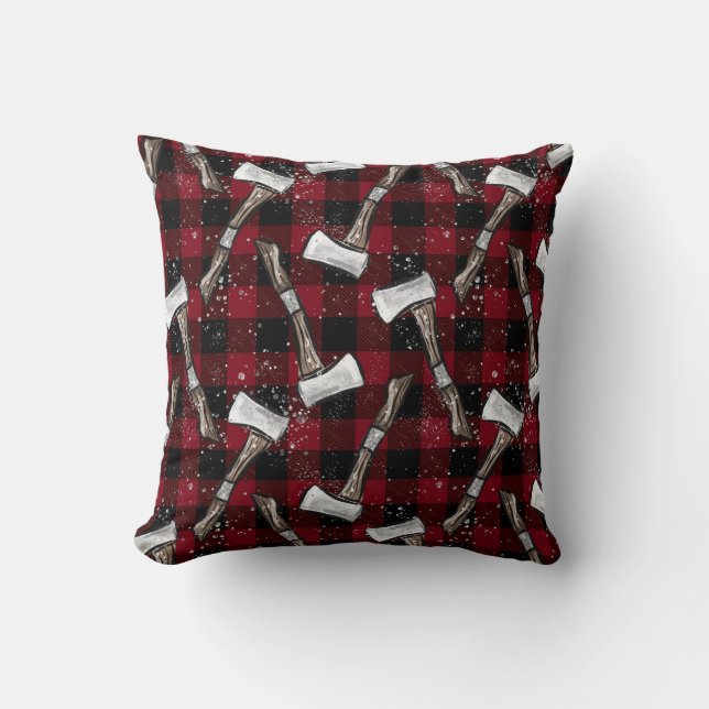 Rustic Lumberjack Axes on Buffalo Plaid Cushion (Front)