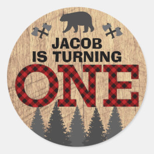 Rustic Lumberjack Buffalo Plaid First Birthday Classic Round Sticker