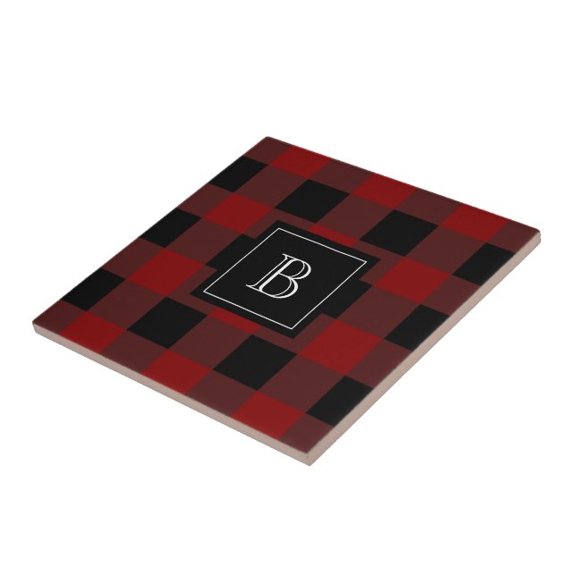 Rustic Lumberjack Buffalo Plaid Monogram Initial Ceramic Tile (Side)
