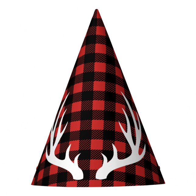 Rustic Lumberjack Plaid & White Deer Antlers Party Hat (Front)