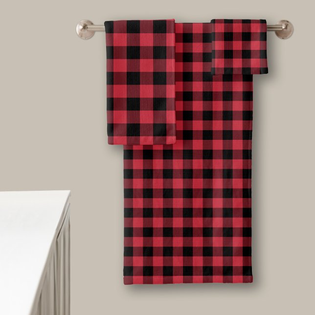 Rustic Lumberjack Red Black Buffalo Check Plaid Bath Towel Set (Rustic Lumberjack Red Black Buffalo Check Plaid Bath Towel Set in situ)