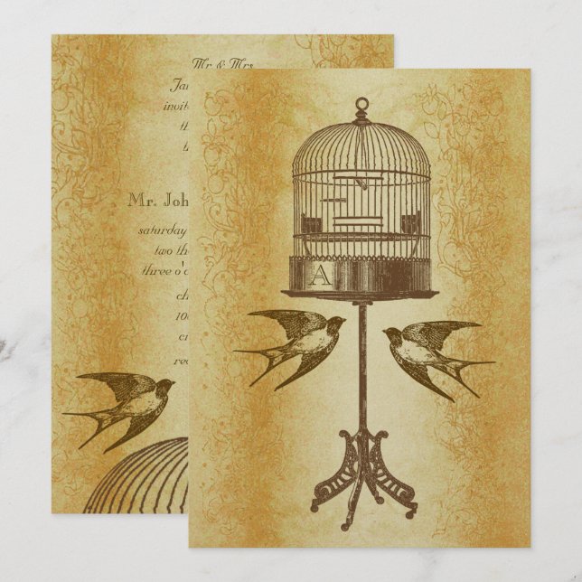 Rustic Luxe Gold Vintage Love Bird Wedding Invite (Front/Back)