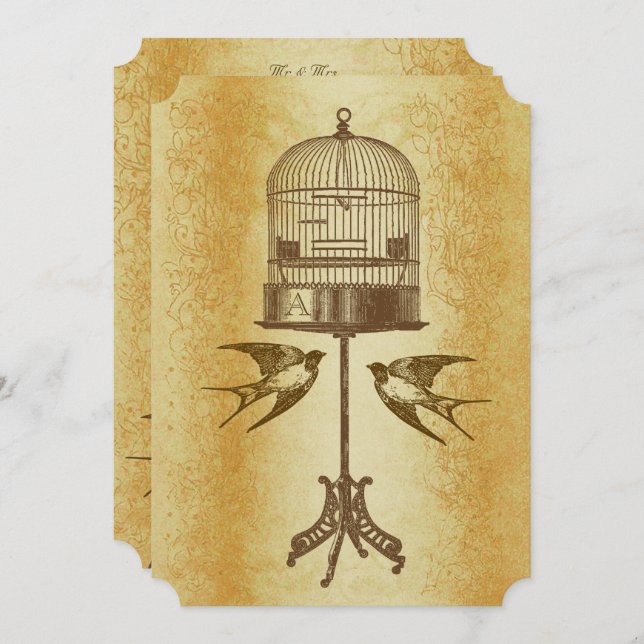 Rustic Luxe Gold Vintage Love Bird Wedding Invite (Front/Back)