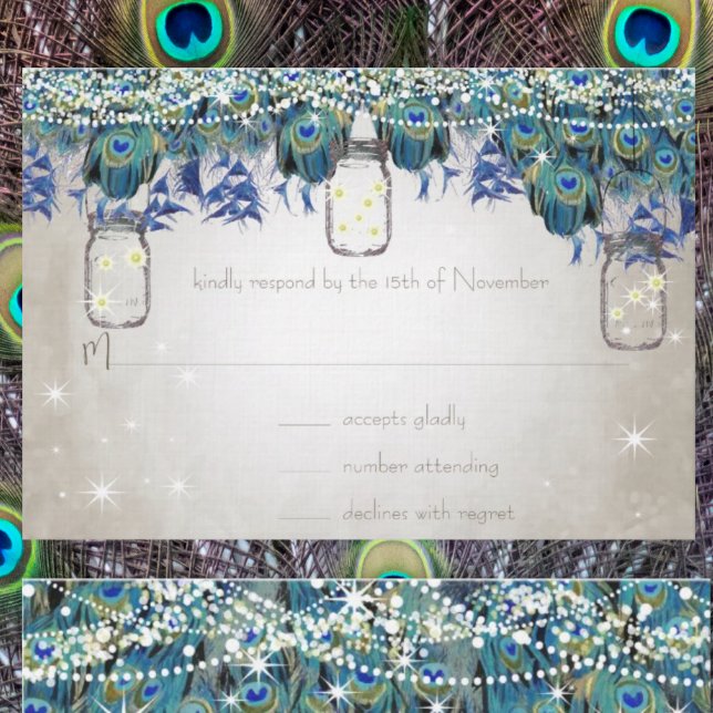 Rustic Luxe Mason Jar Navy Turquoise Peacock RSVP Card (Creator Uploaded)
