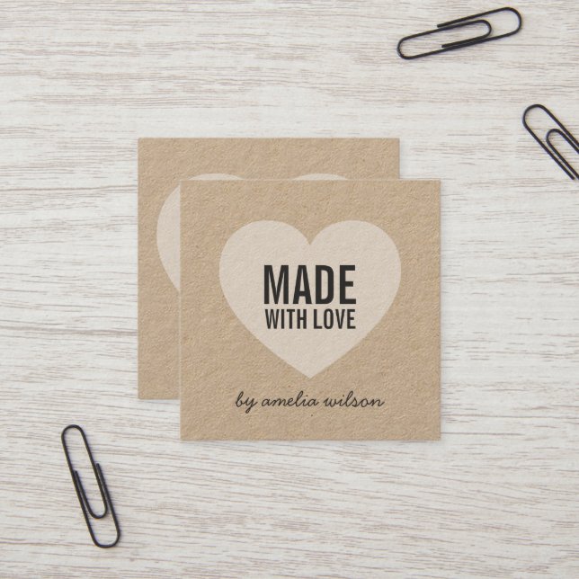 Rustic Made with Love Heart Kraft Social Media Square Business Card (Front/Back In Situ)