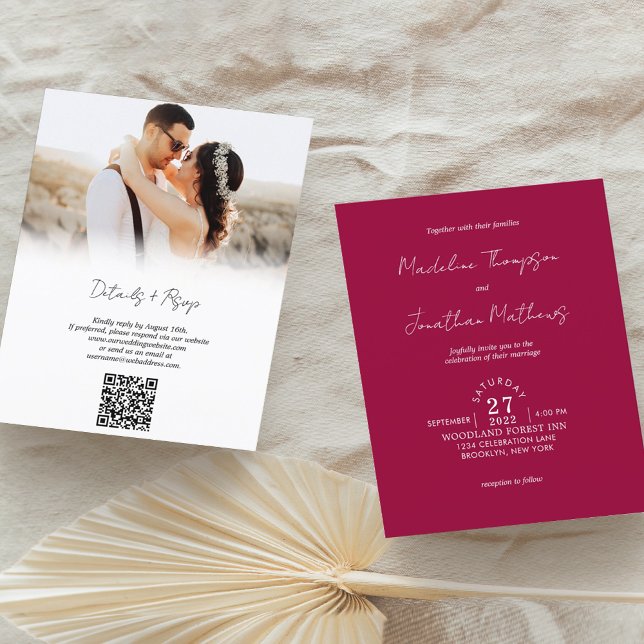 Rustic Magenta Red Photo Budget Wedding QR Code (Creator Uploaded)