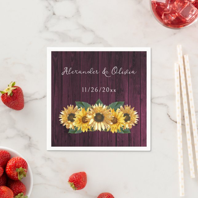 Rustic Magenta Sunflower Wedding Napkins (Insitu)