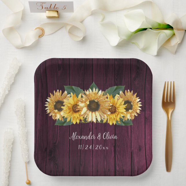 Rustic Magenta Sunflower Wedding Paper Plates (Wedding)