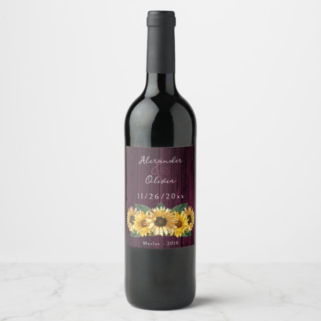 Rustic Magenta Sunflower Wedding Wine Label (Front)