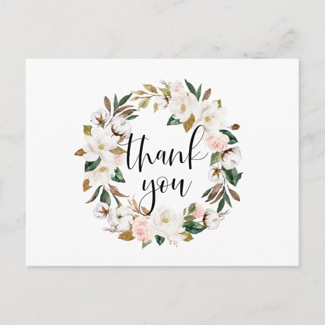 Rustic Magnolia and Cotton Wreath Thank You Postcard (Front)