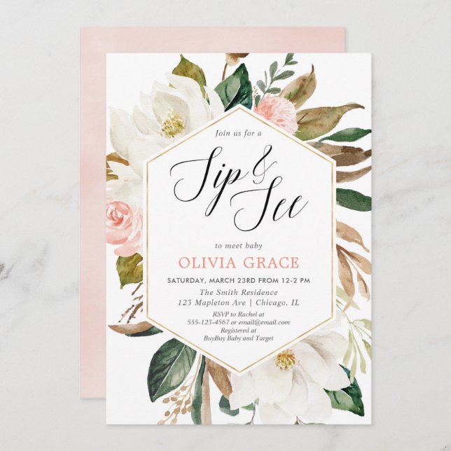 Rustic magnolia floral greenery girl sip see invitation (Front/Back)