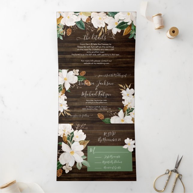 Rustic Magnolia Floral Wedding Tri-Fold Invitation (Inside)
