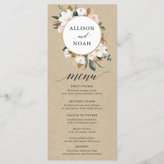 Rustic magnolia floral white blush menu (Front)