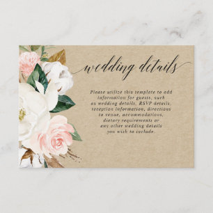 Rustic magnolia floral white blush wedding details enclosure card
