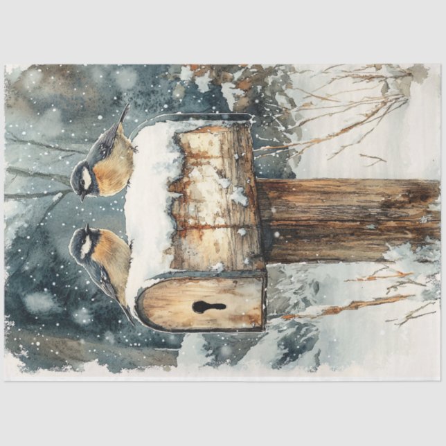 Rustic Mailbox With Chickadee Birds Decoupage Tissue Paper (Front)